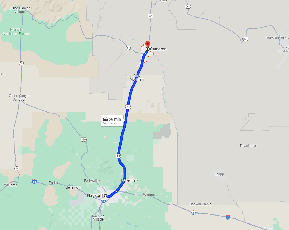 Map of Flagstaff to Cameron up Hwy 89