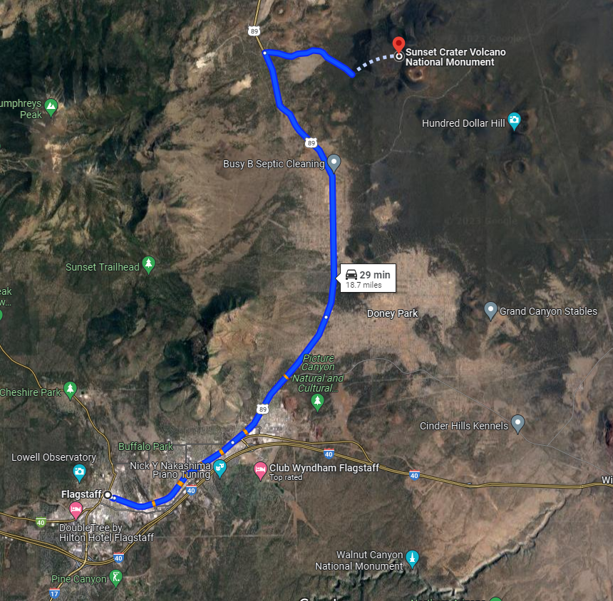 Map showing drive from Flagstaff, AZ